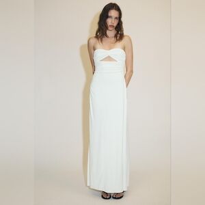 Zara White Strapless Maxi Dress with Front Cutout